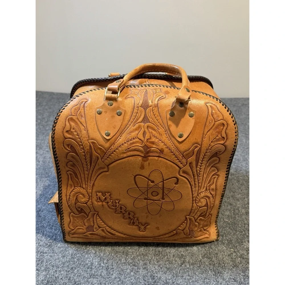 Vintage Hand Tooled Leather Bowling Bag with Metal Ball Holder Murray Engraved